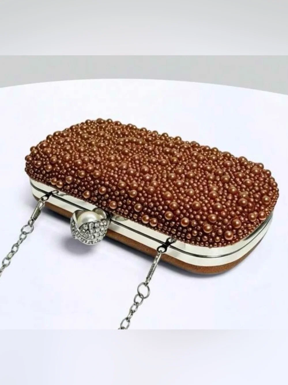 Pearl & Crystal Embellished Clutch - Brown